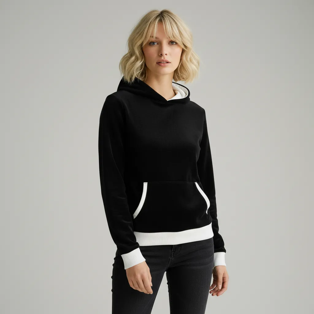 Women's Black & White Contrast Hoodie: Velvet Texture, Casual Apparel