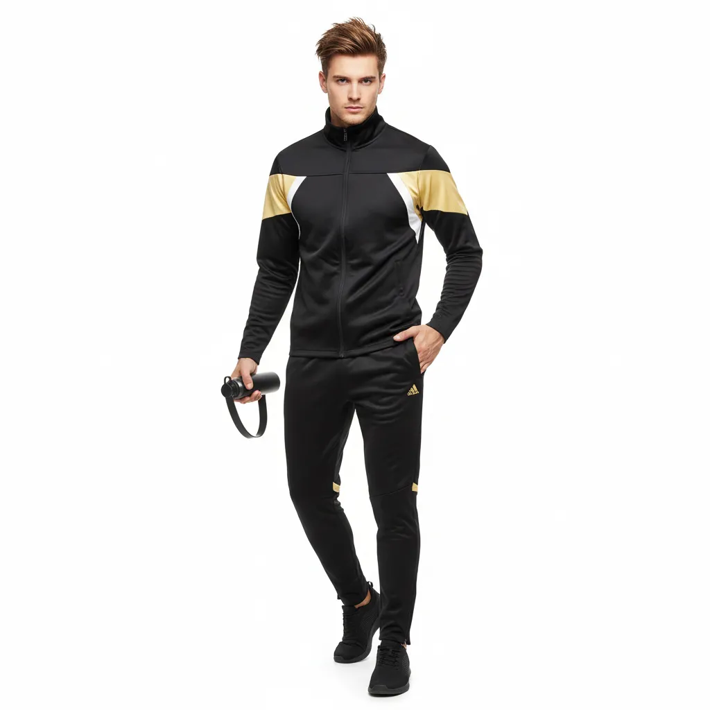 Men's Black & Gold Track Suit Jacket  Pants Color-Block Design Casual Apparel