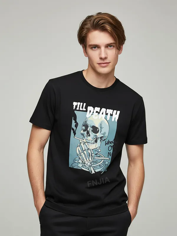 Men's Black Graphic T-Shirt: Skeleton Print, Casual Apparel