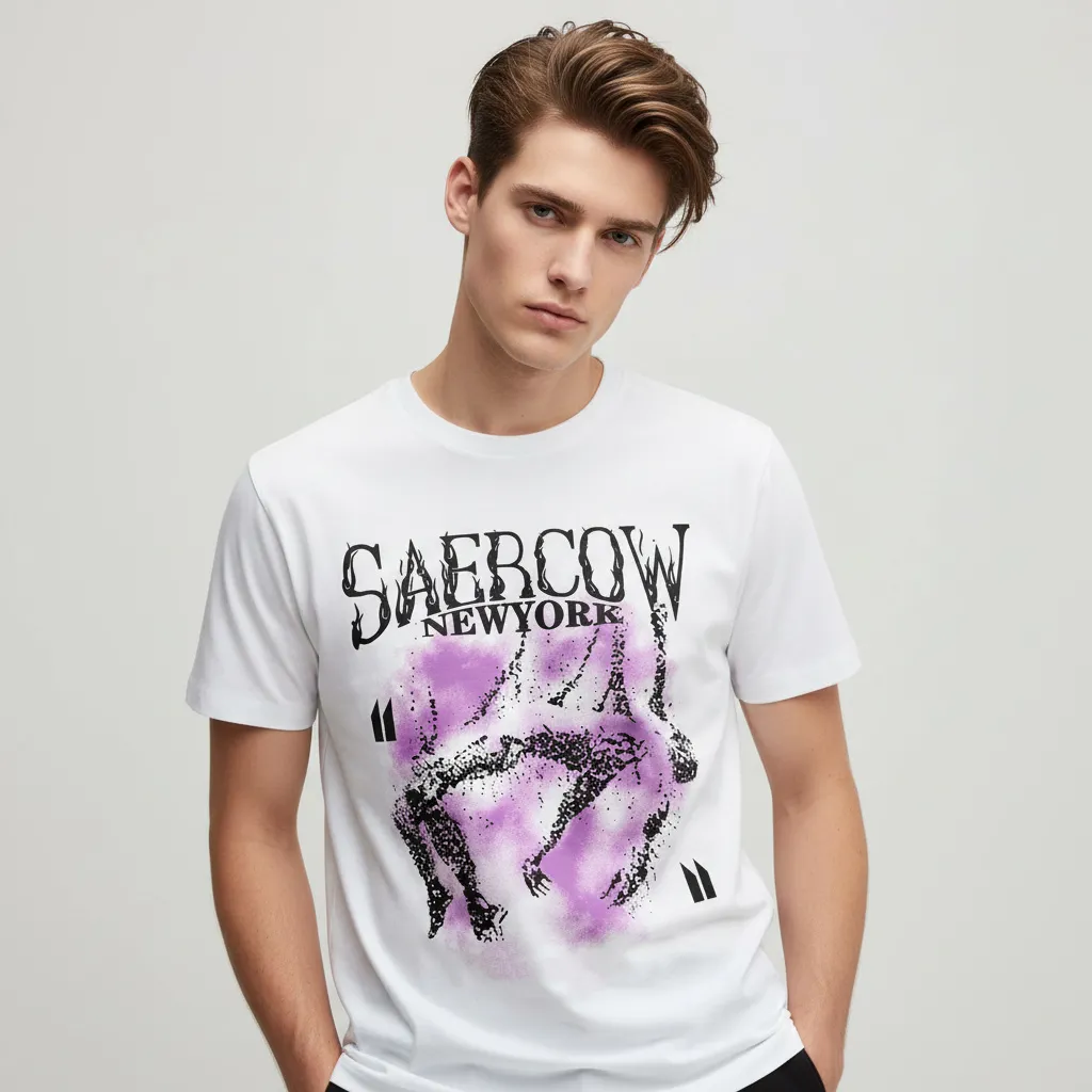 Men's White Graphic T-Shirt: Purple Print, Casual Apparel
