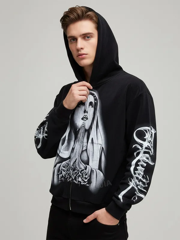 Custom Men's Black Printed Hoodie  Religious Art Design Full-Zip Casual Wear