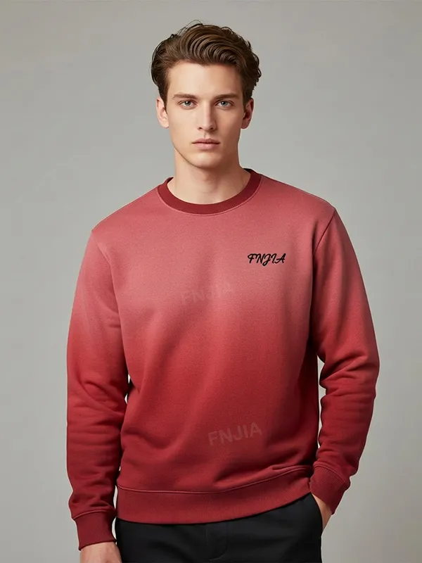 Men's Burgundy Gradient Sweatshirt: Minimal Logo, Crew Neck, Casual Apparel