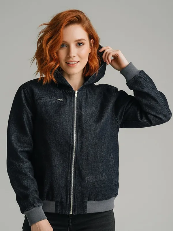 Women's Dark Denim Hooded Jacket: Full-Zip, Contrast Cuffs, Casual Outerwear