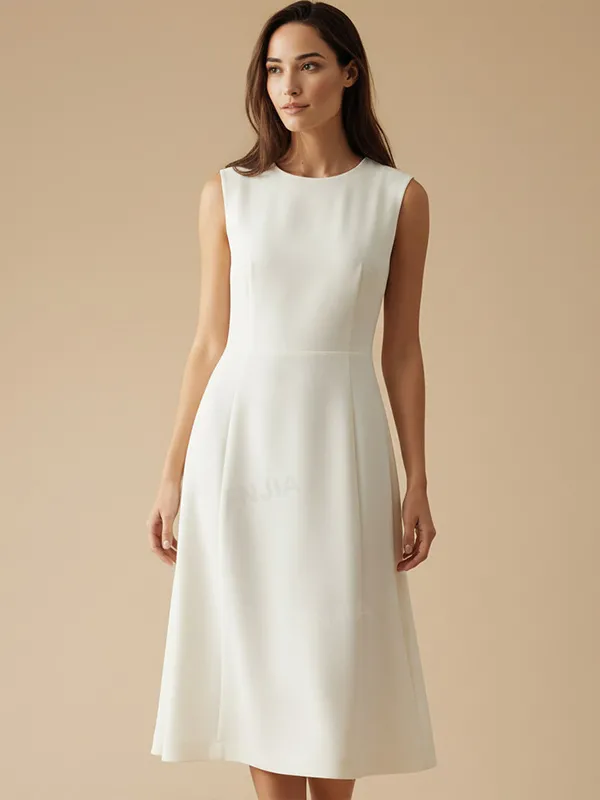 Women's Ivory Sleeveless Midi Dress: Flared A-Line Silhouette