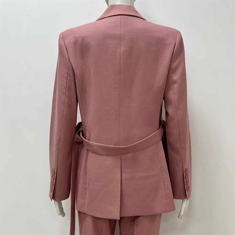 Women's Pink Double-Breasted Suit Set: Belted Blazer + Wide-Leg Pants
