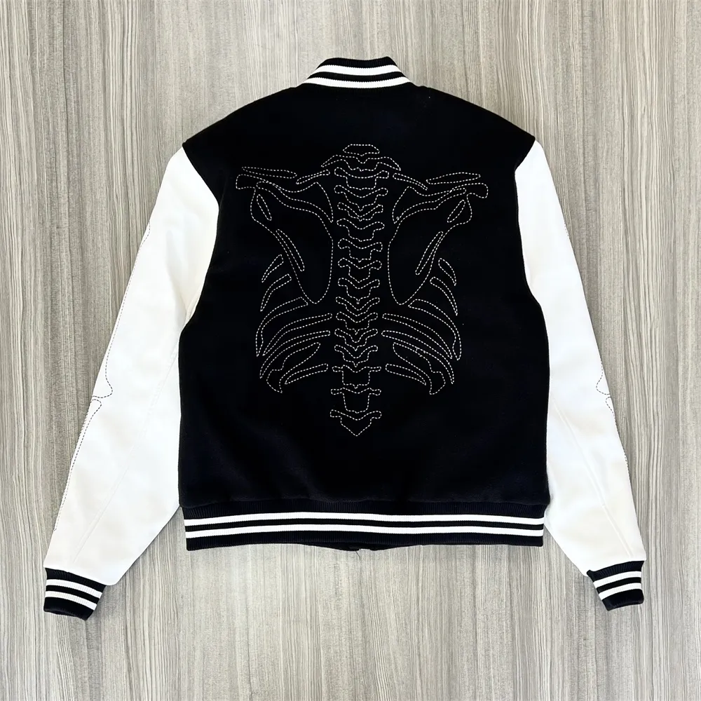 Custom Unisex Black & White Varsity Jacket: Skeleton Rhinestone Design, Casual Outerwear