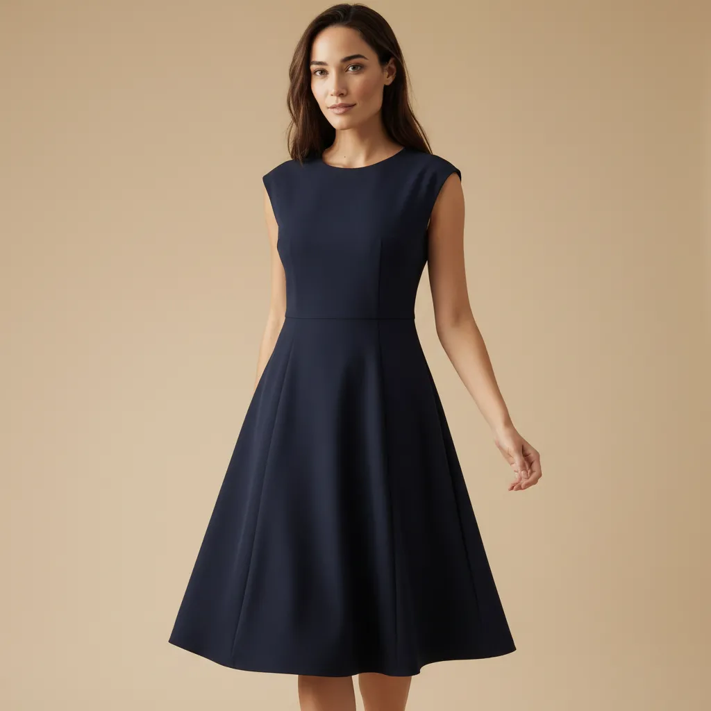 Women's Navy Sleeveless Midi Dress: Flared A-Line Silhouette