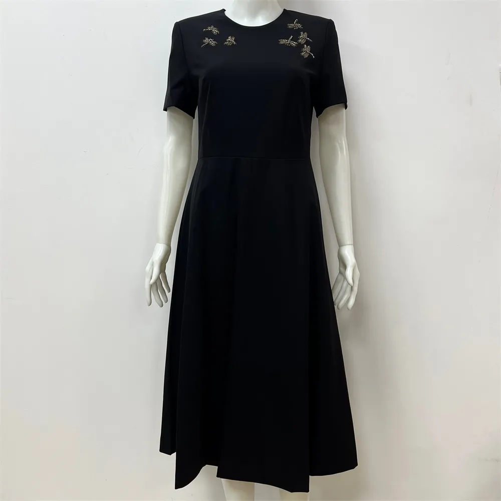 Women's Black Midi Dress: Dragonfly Embellishments, Flared Silhouette