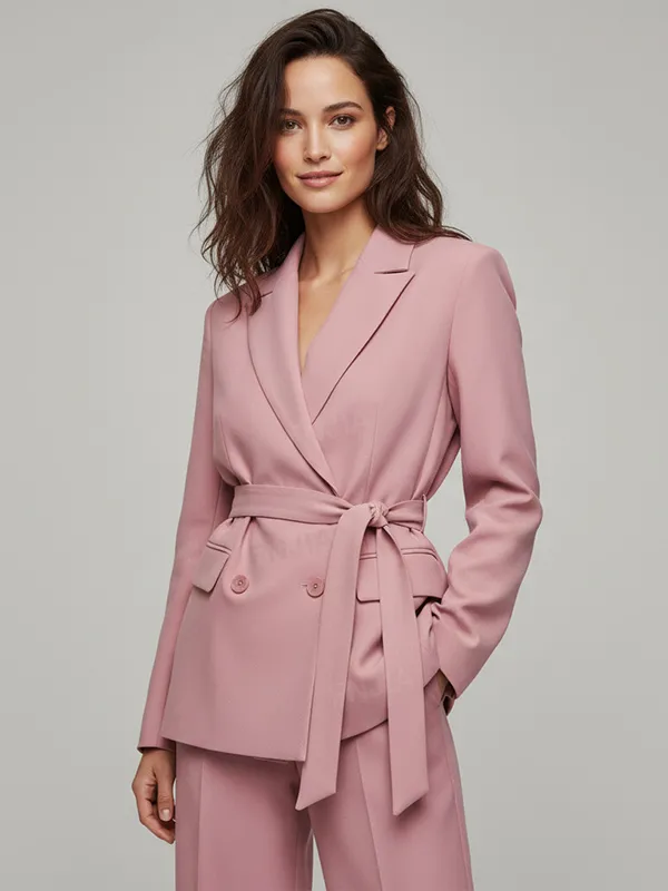 Women's Pink Double-Breasted Suit Set: Belted Blazer + Wide-Leg Pants