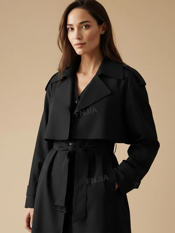 Women's Black Trench Coat: Dragonfly Embellishments, Belted Silhouette