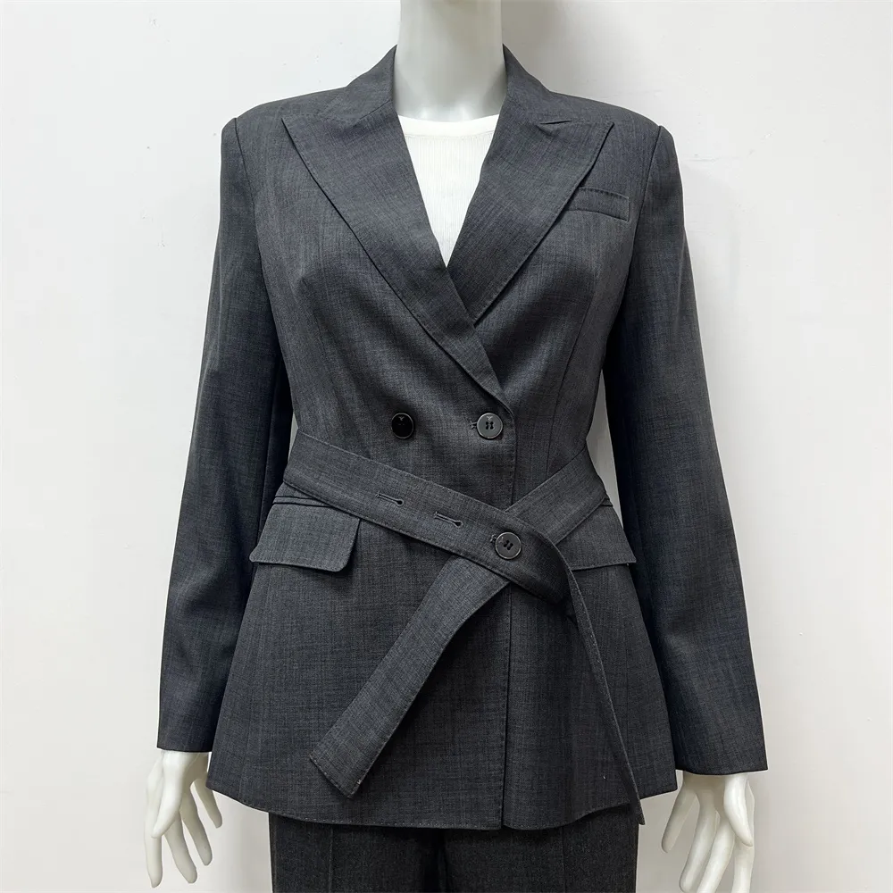 Women's Gray Double-Breasted Blazer: Self-Fabric Belted, Formal Apparel