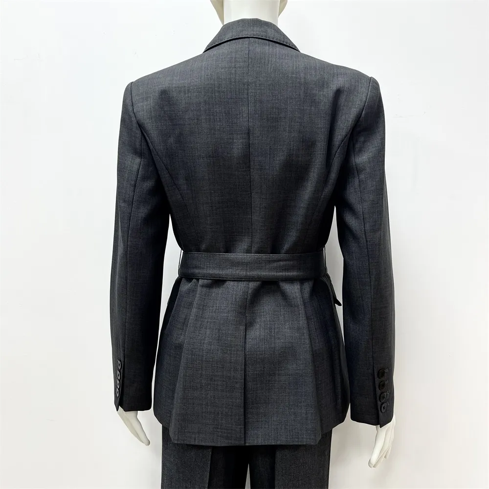 Women's Gray Double-Breasted Blazer: Self-Fabric Belted, Formal Apparel
