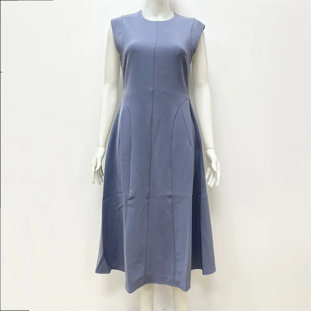 Women's Dusty Blue Sleeveless Midi Dress: Flared A-Line Silhouette