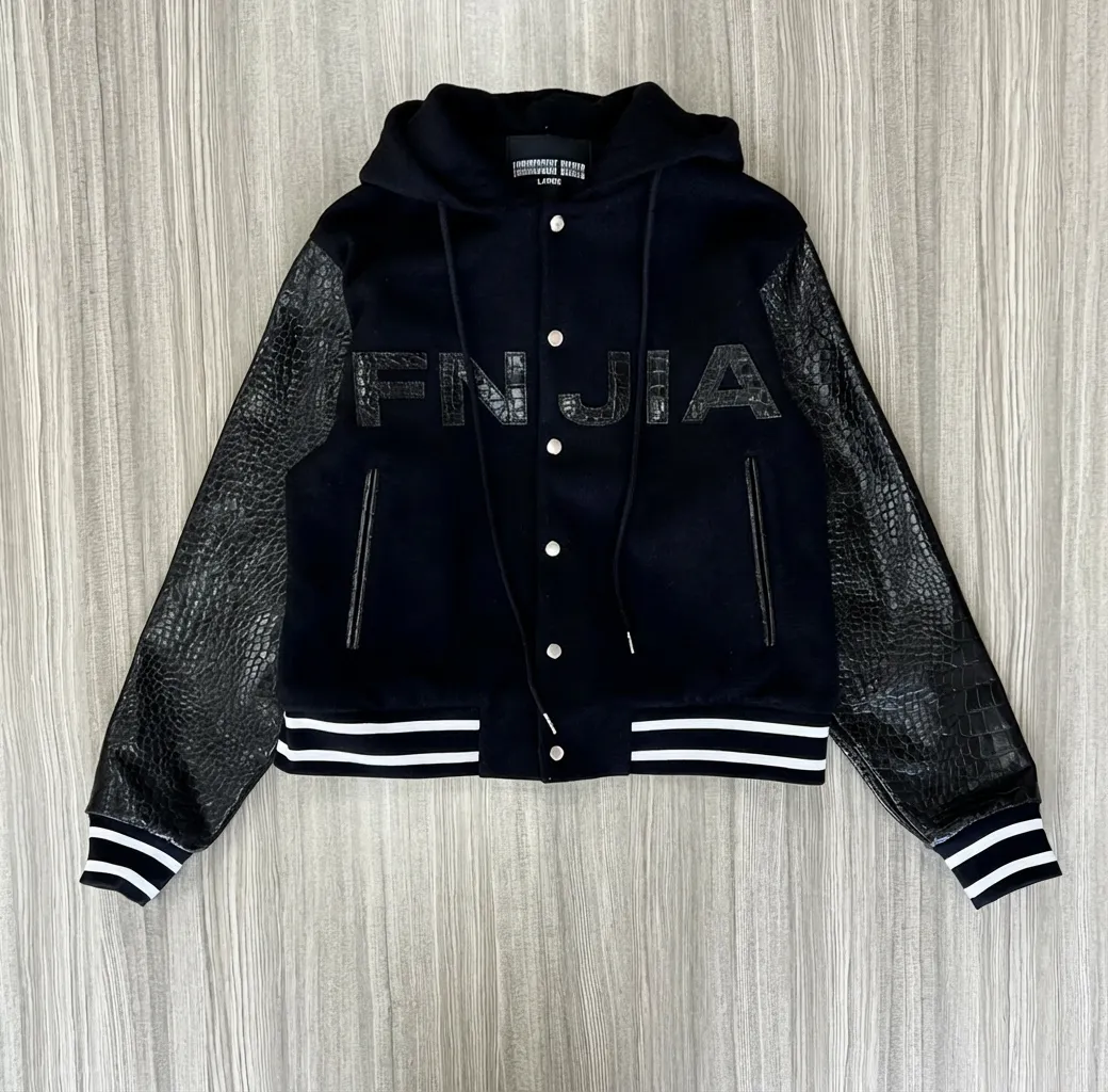 Unisex Navy Hooded Varsity Jacket: Leather Sleeves, "FNJIA" Logo, Casual Apparel