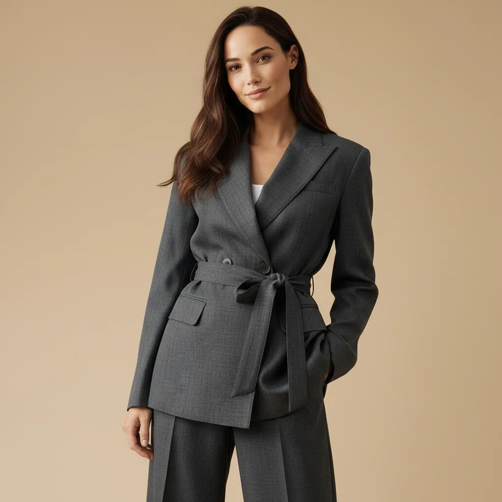 Women's Gray Double-Breasted Blazer: Self-Fabric Belted, Formal Apparel