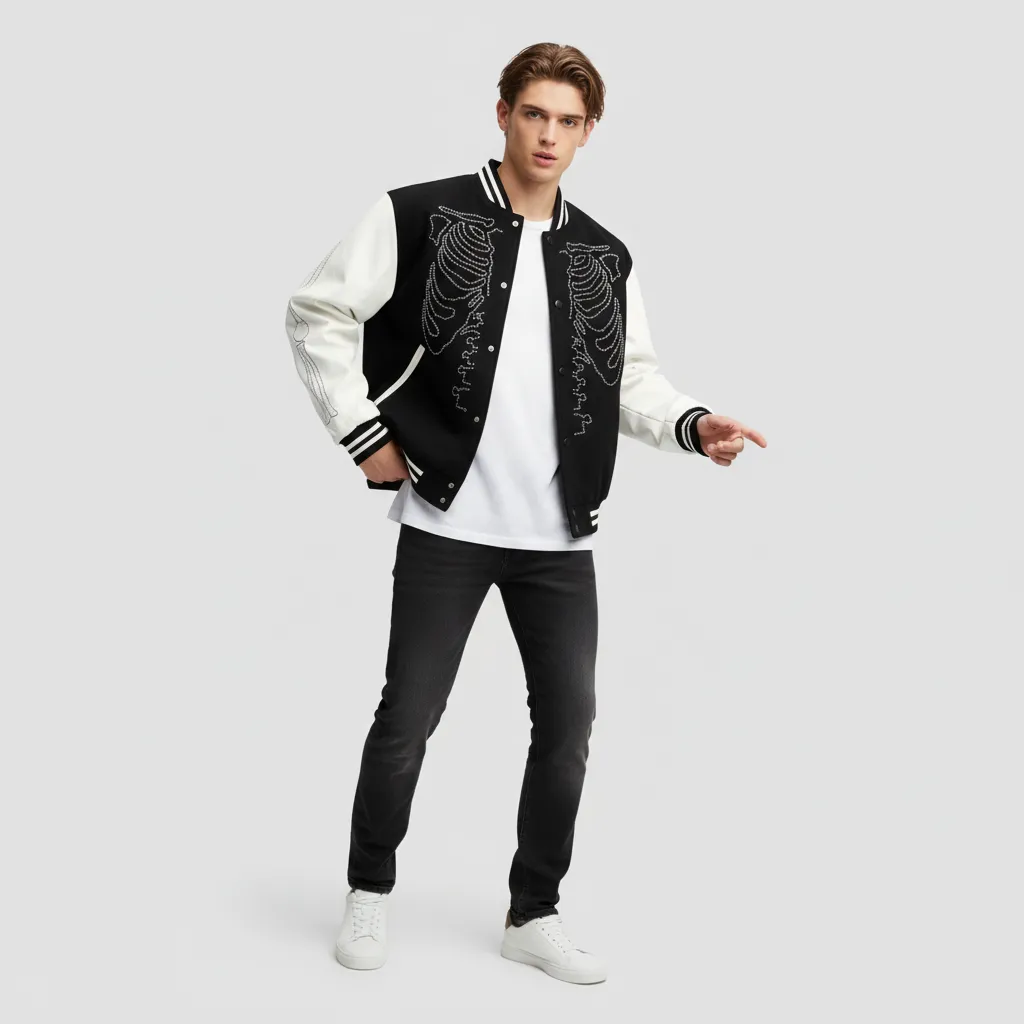 Custom Unisex Black & White Varsity Jacket: Skeleton Rhinestone Design, Casual Outerwear