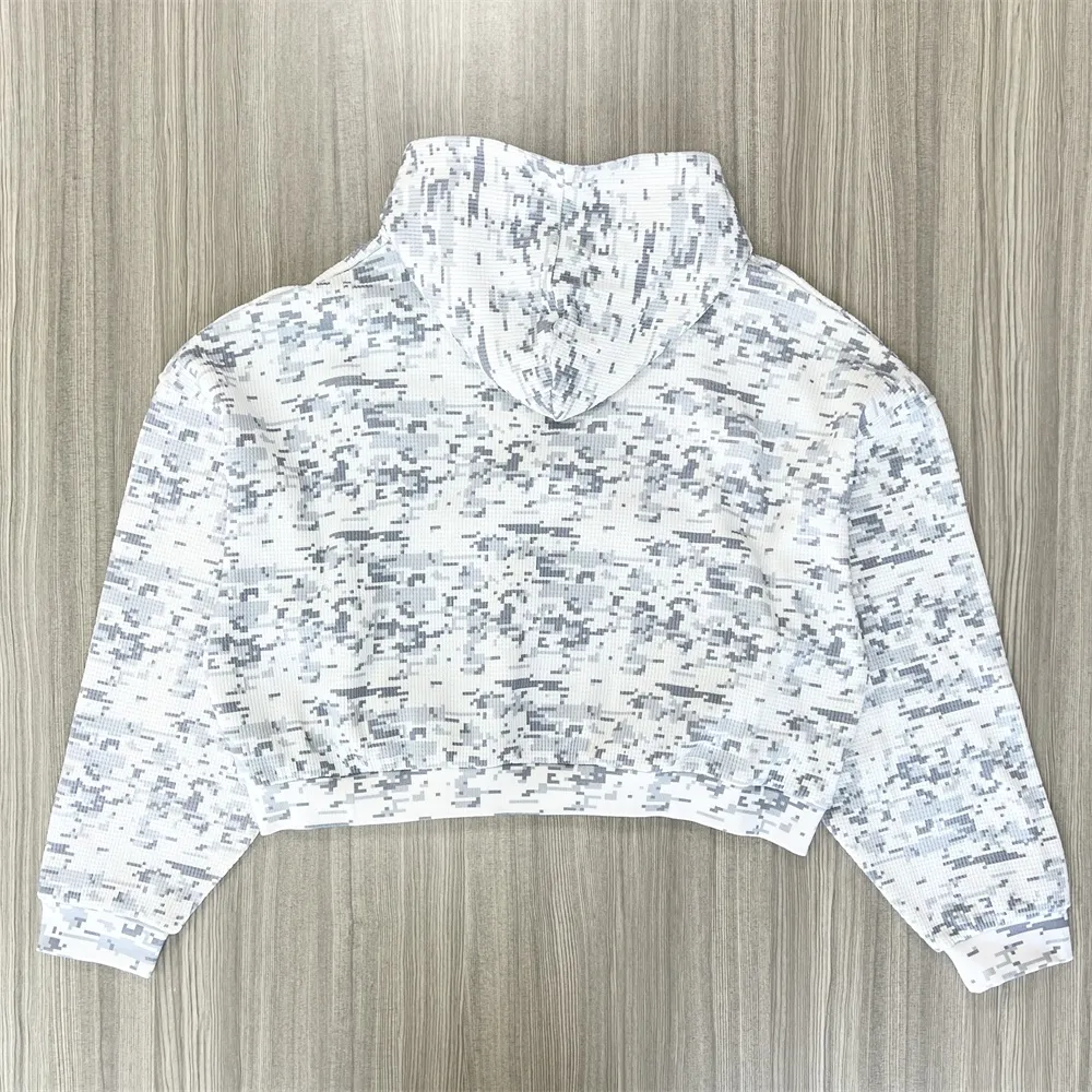 Women's White & Gray Pixel-Pattern Hoodie: Cropped Fit, Full-Zip Casual Apparel