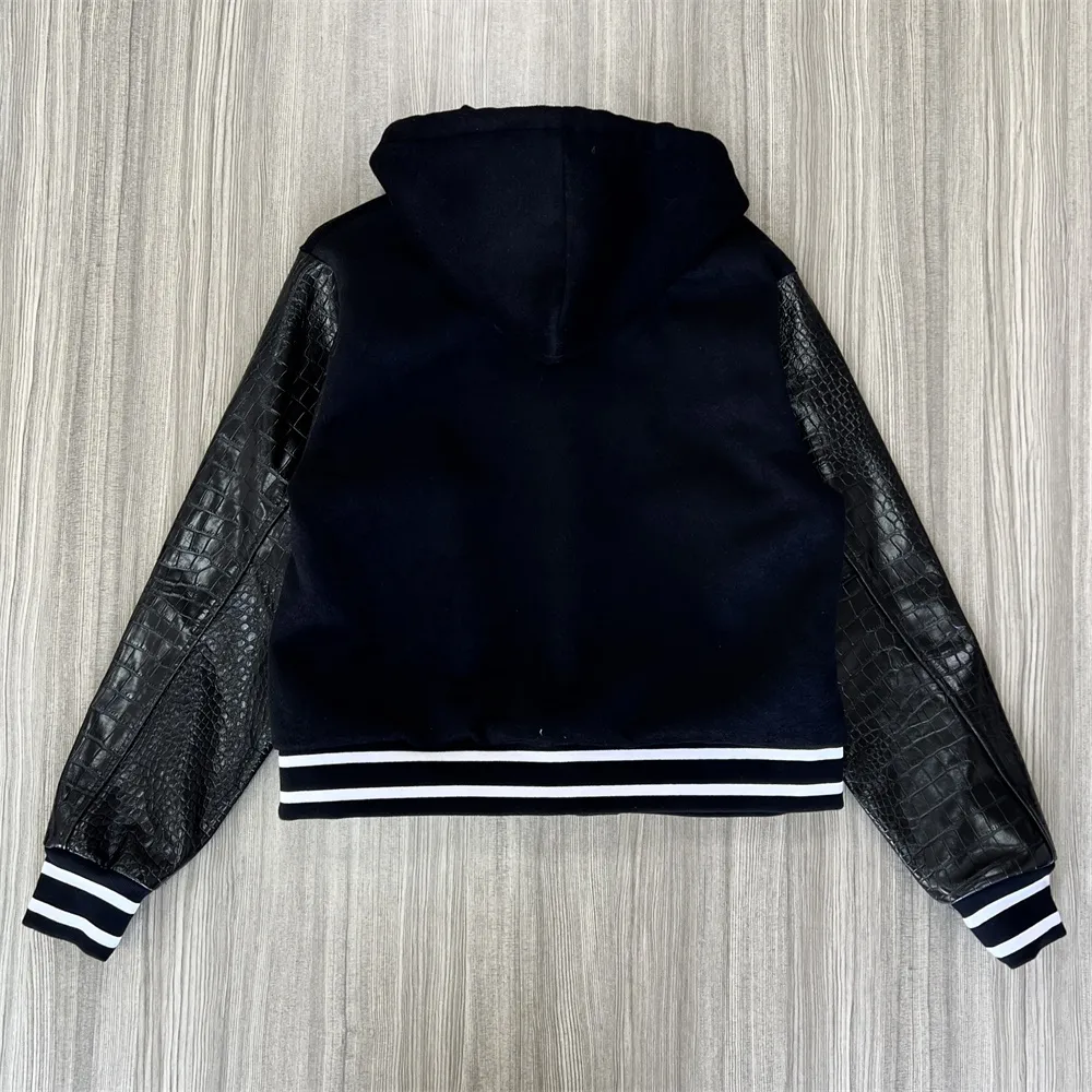 Unisex Navy Hooded Varsity Jacket: Leather Sleeves, "FNJIA" Logo, Casual Apparel