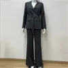 Women's Gray Double-Breasted Suit Set: Belted Blazer + Wide-Leg Pants