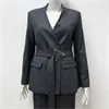 Women's Gray Double-Breasted Suit Set: Belted Blazer + Wide-Leg Pants