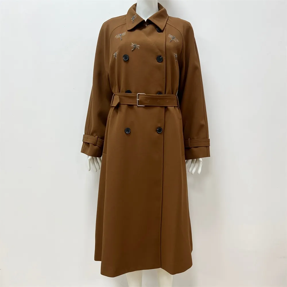 Women's Camel Trench Coat: Dragonfly Embellishments, Belted Silhouette