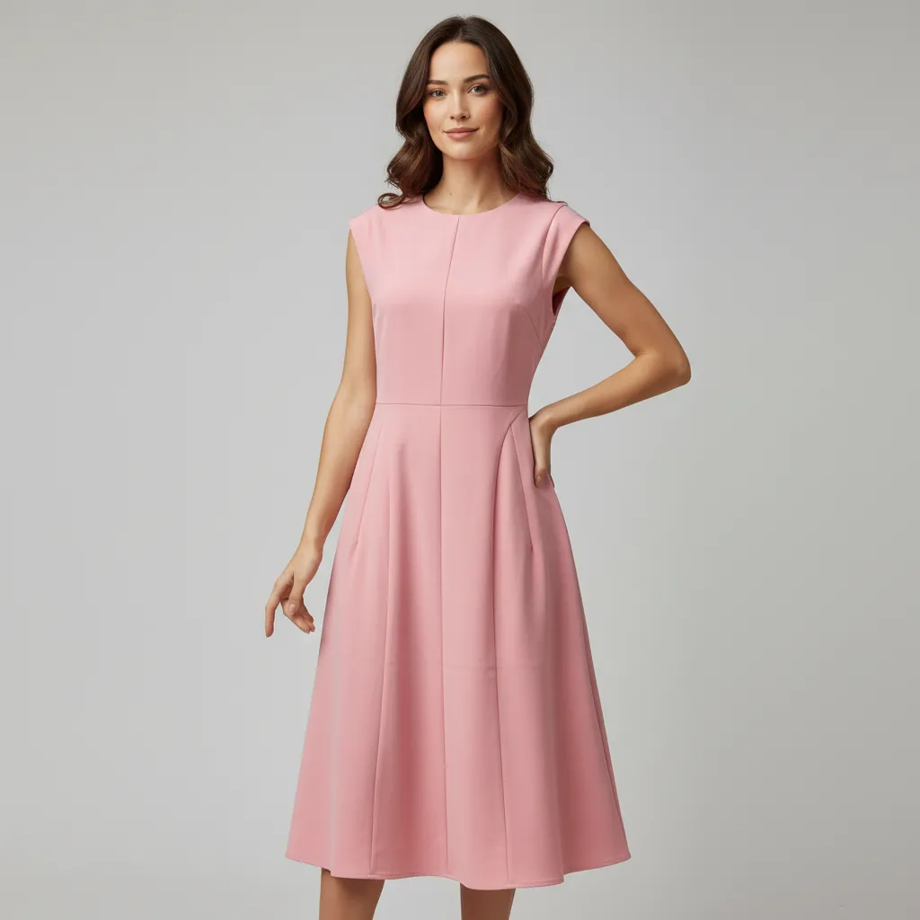 Women's Blush Pink Sleeveless Midi Dress: Flared A-Line Silhouette