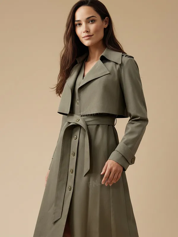 Women's Olive Green 2-Piece Set: Cropped Trench & Midi Dress