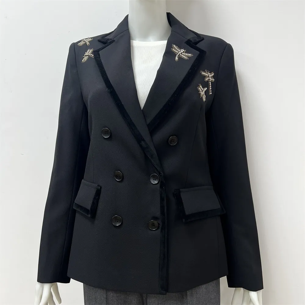 Women's Black Double-Breasted Blazer: Dragonfly Embellishments, Velvet Trim