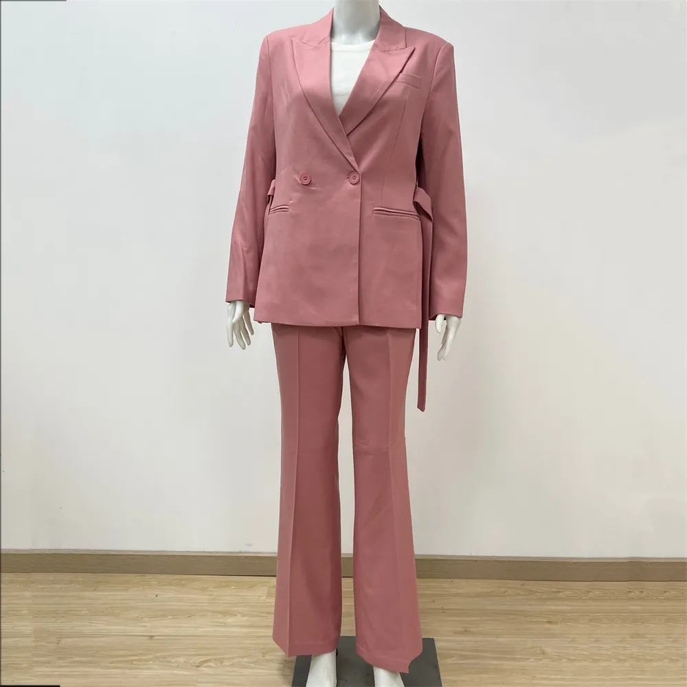 Women's Pink Double-Breasted Suit Set: Belted Blazer + Wide-Leg Pants
