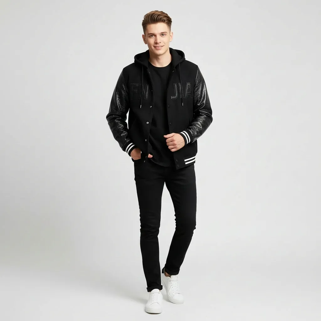 Unisex Navy Hooded Varsity Jacket: Leather Sleeves, "FNJIA" Logo, Casual Apparel