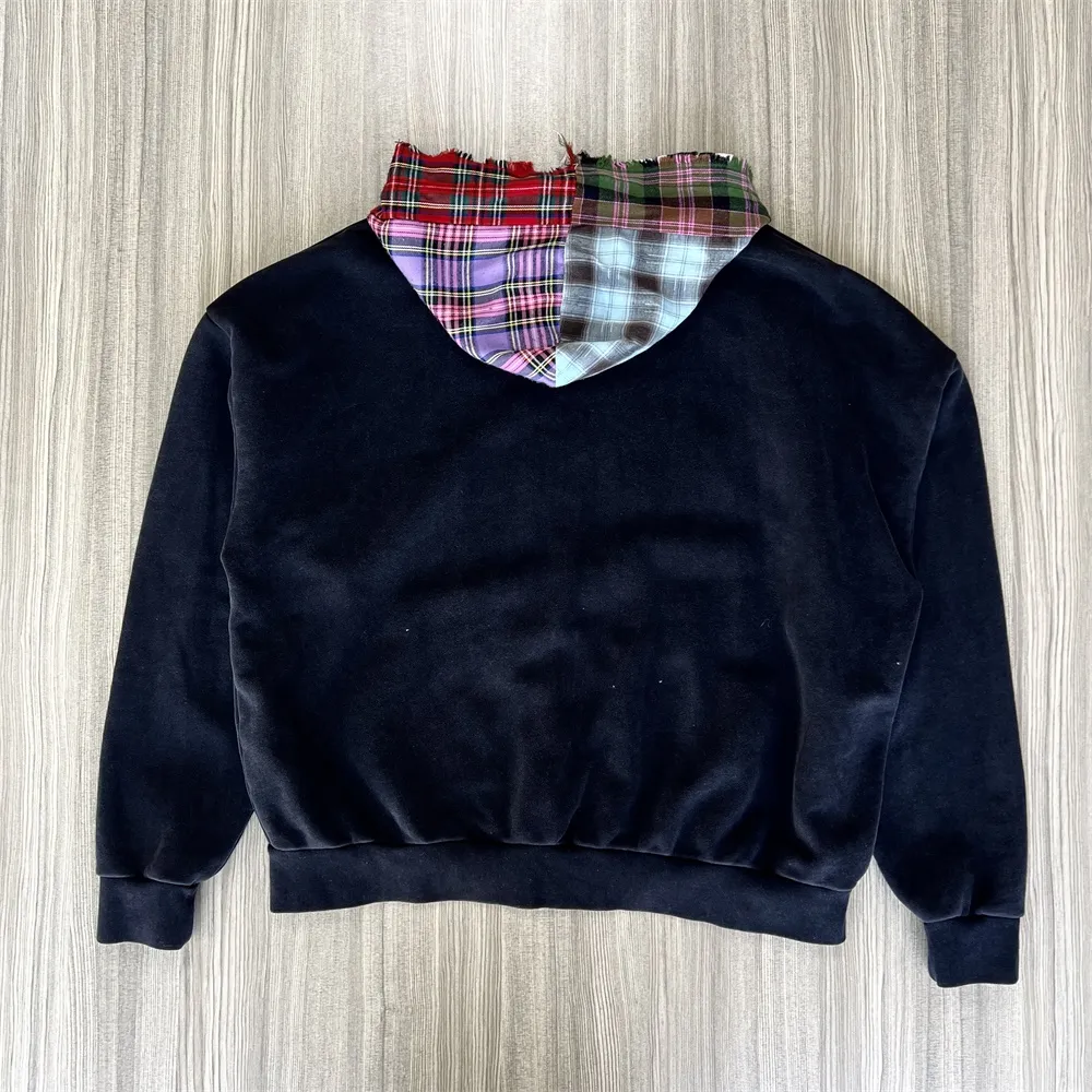 Women's Navy Patchwork Hoodie: Plaid Detail, "FNJIA" Logo, Casual Apparel