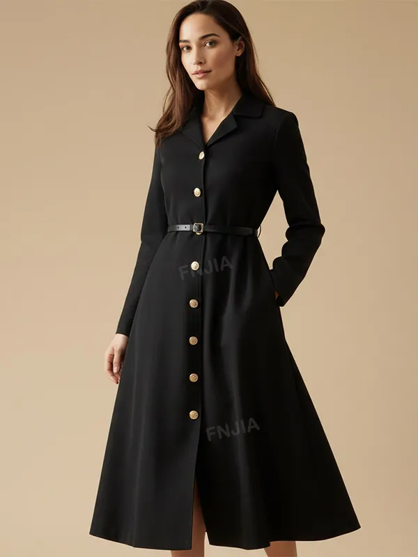 Women's Black Midi Coat Dress: Gold Buttons, Belted Silhouette