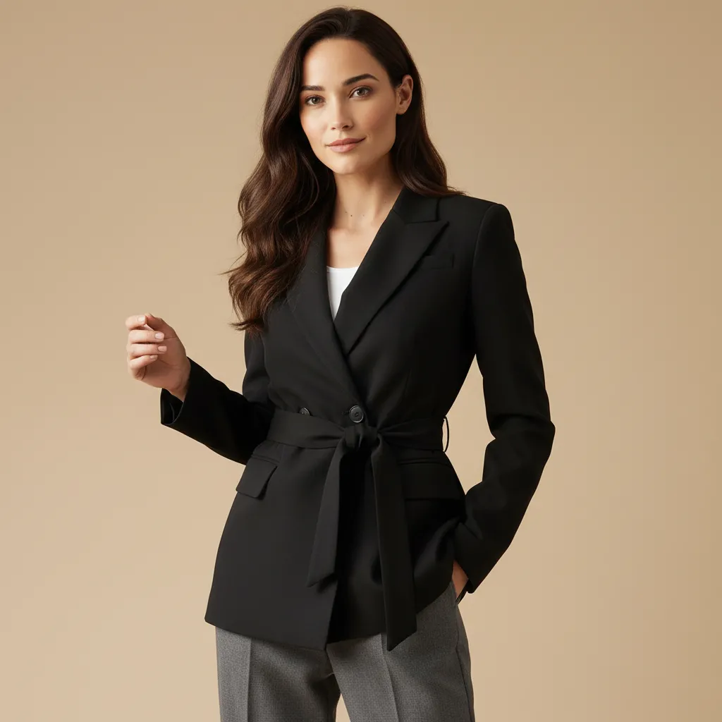 Women's Black Double-Breasted Blazer: Self-Fabric Belted, Formal Apparel