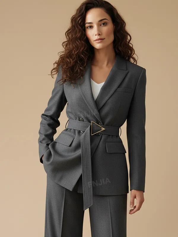 Women's Gray Double-Breasted Suit Set: Belted Blazer + Wide-Leg Pants
