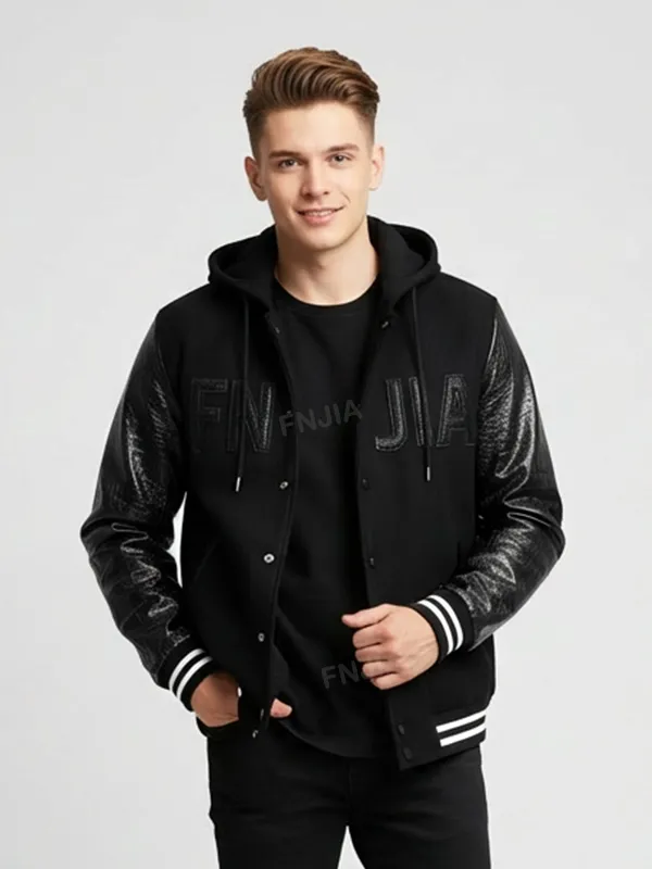 Unisex Navy Hooded Varsity Jacket: Leather Sleeves, 