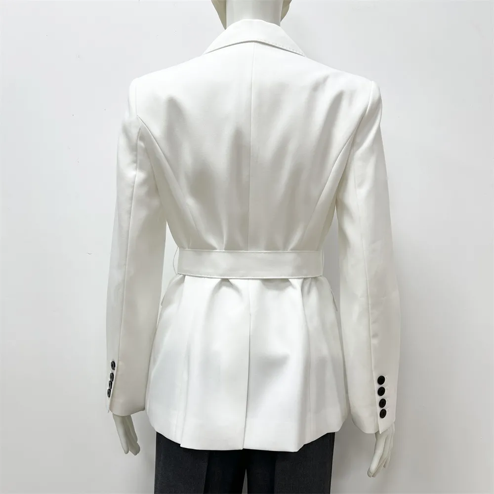 Women's White Belted Double-Breasted Blazer: Black Accent Buttons