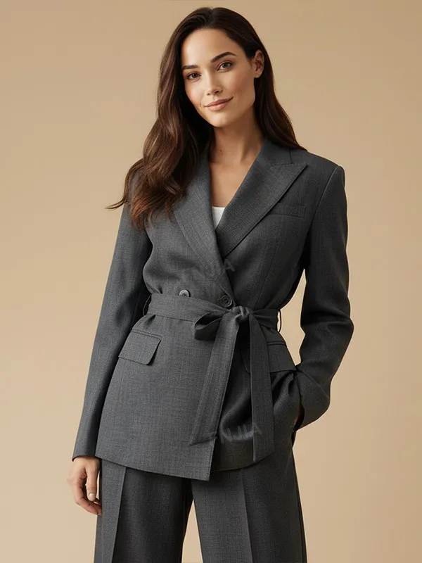 Women's Gray Double-Breasted Blazer: Self-Fabric Belted, Formal Apparel