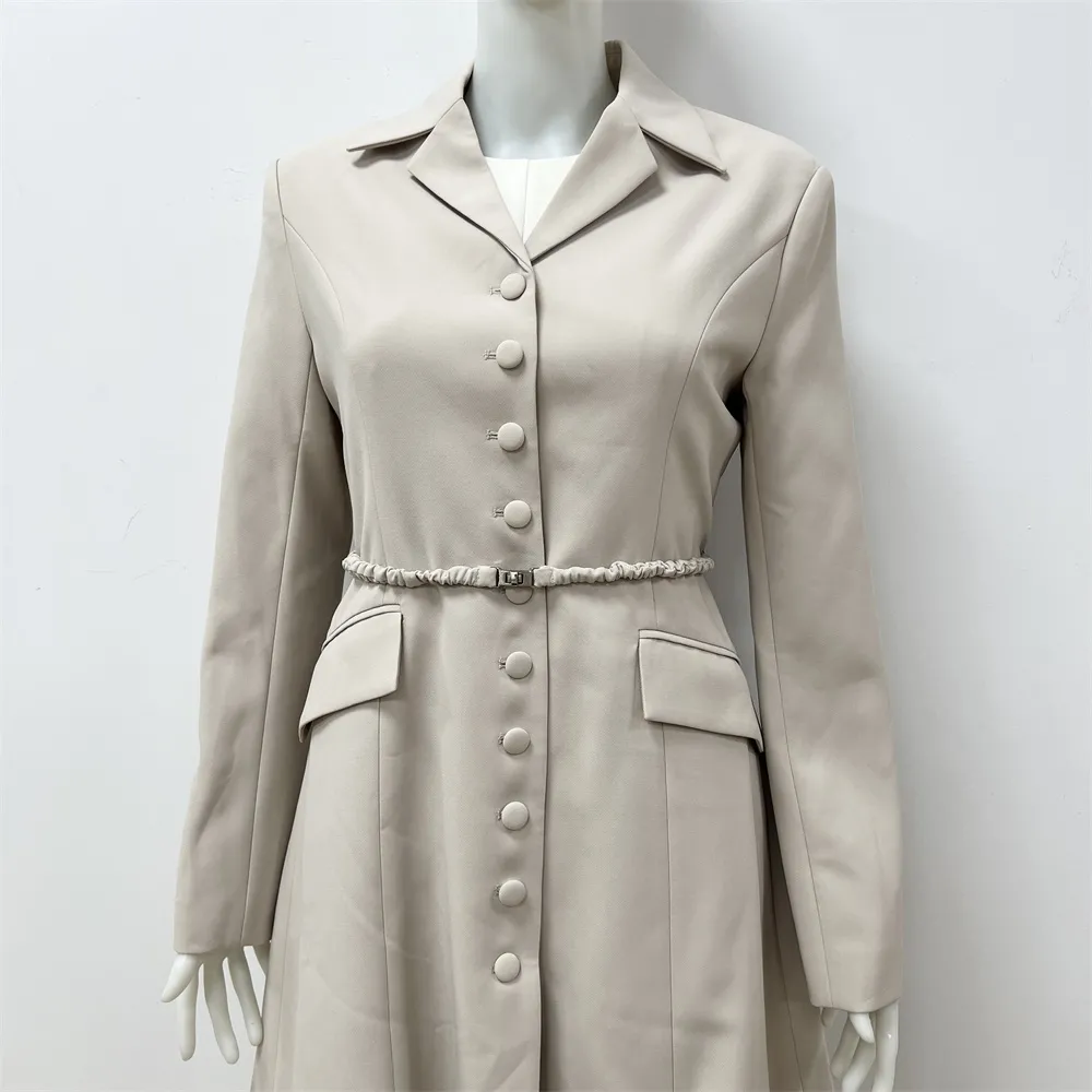 Women's Beige Long Coat: Embellished Belt, Flared Silhouette