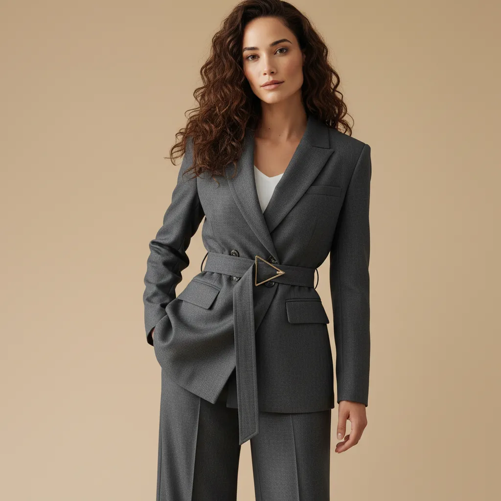 Women's Gray Double-Breasted Suit Set: Belted Blazer + Wide-Leg Pants