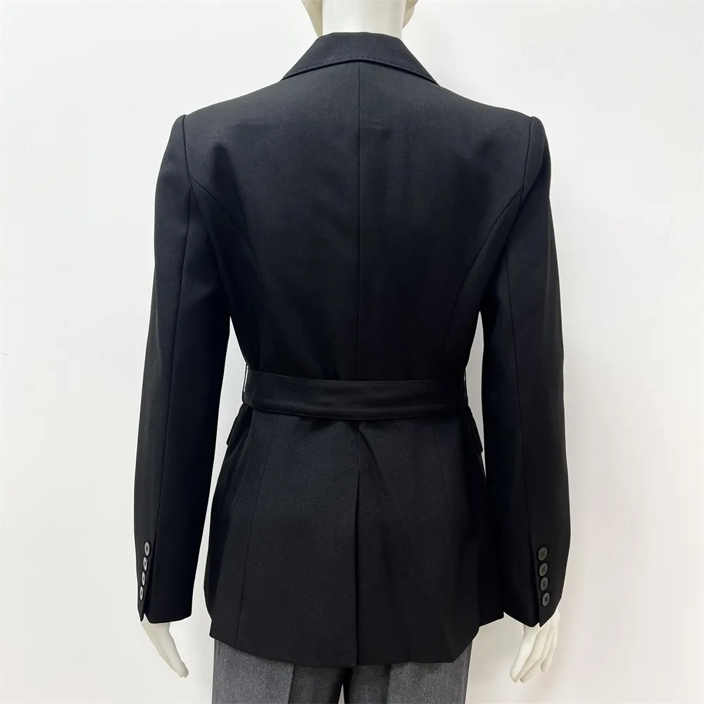 Women's Black Double-Breasted Blazer: Self-Fabric Belted, Formal Apparel