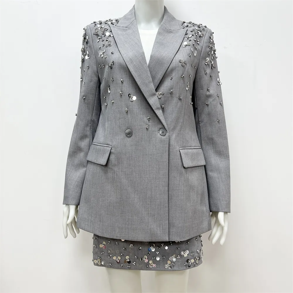 Women's Gray Sequin Blazer & Skirt Set: Double-Breasted, Party Apparel