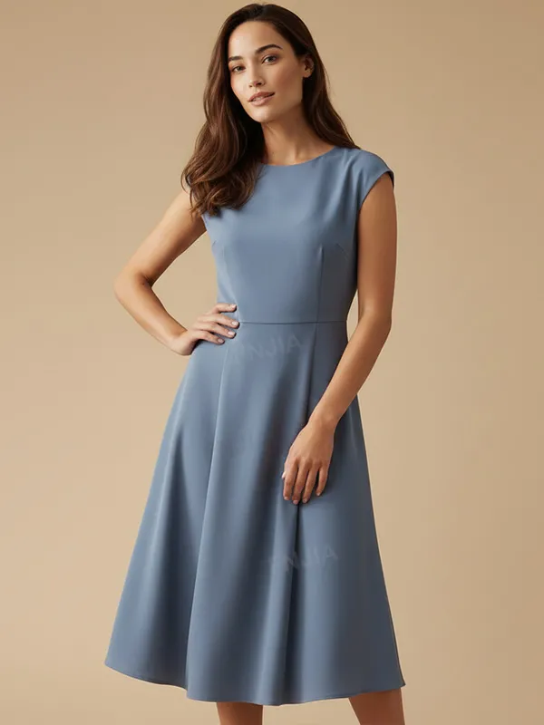 Women's Dusty Blue Sleeveless Midi Dress: Flared A-Line Silhouette
