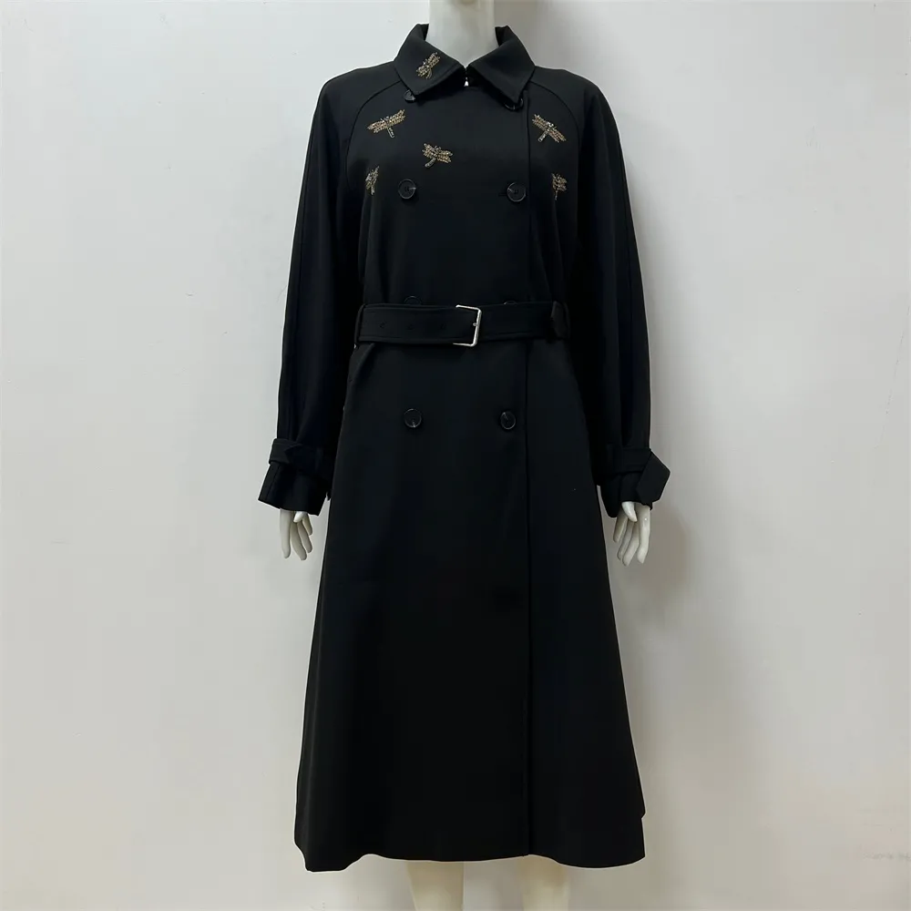 Women's Black Trench Coat: Dragonfly Embellishments, Belted Silhouette
