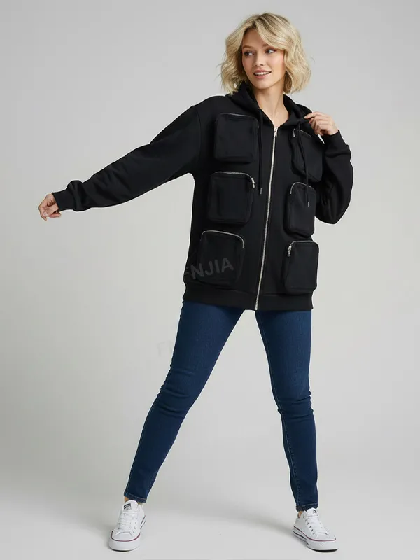 Women's Navy Multi-Pocket Hoodie: Full-Zip, Utility Design, Casual Apparel