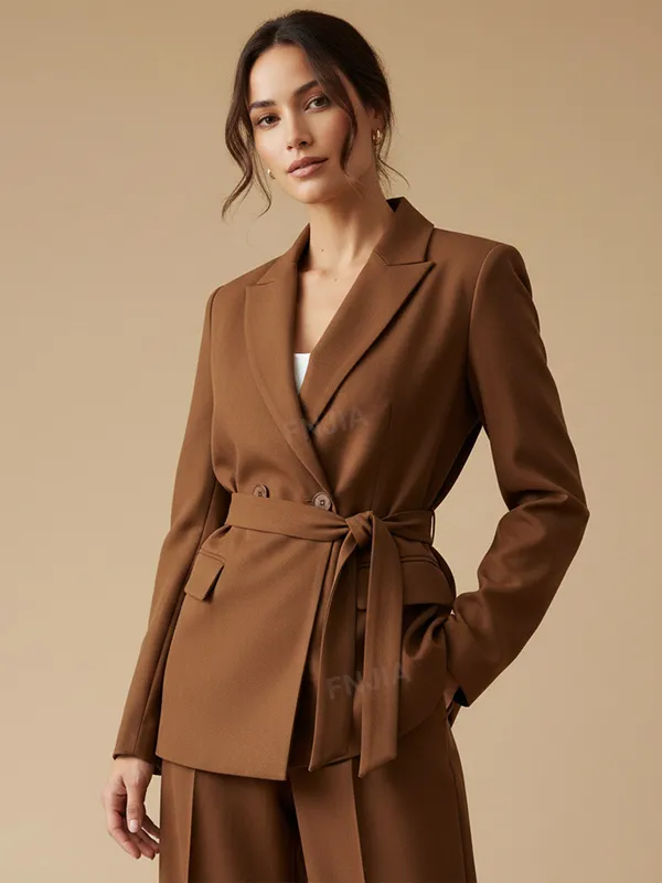 Women's Brown Double-Breasted Suit Set: Belted Blazer + Wide-Leg Pants