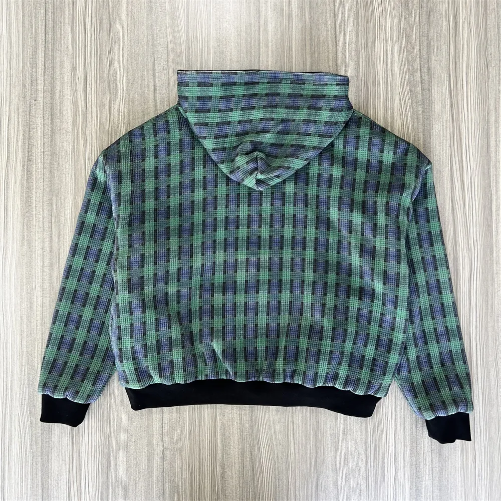 Custom Unisex Green Plaid Hoodie: Full-Zip, Contrast Trim, Casual Apparel