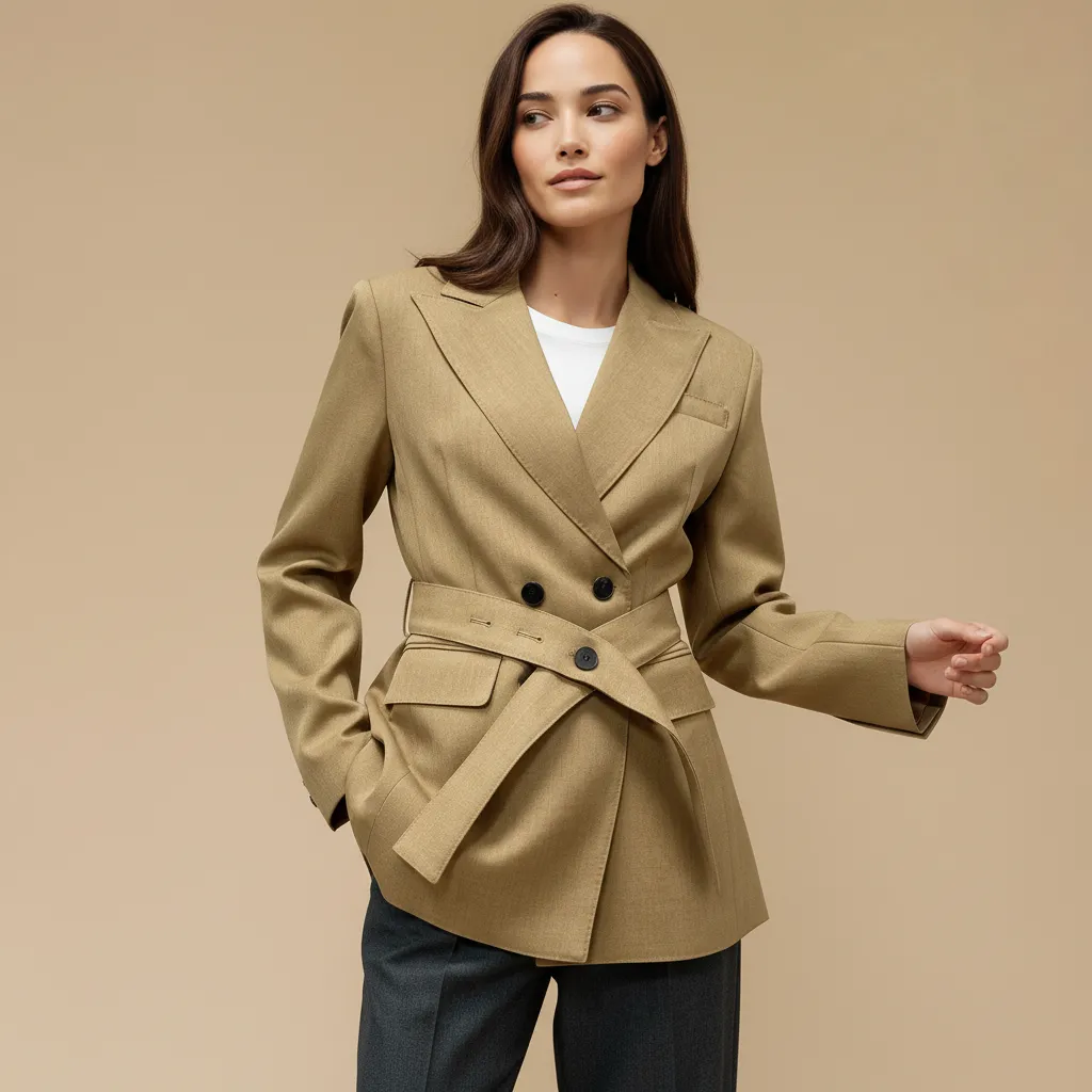 Women's Camel Double-Breasted Blazer: Belted, Black Accent Buttons