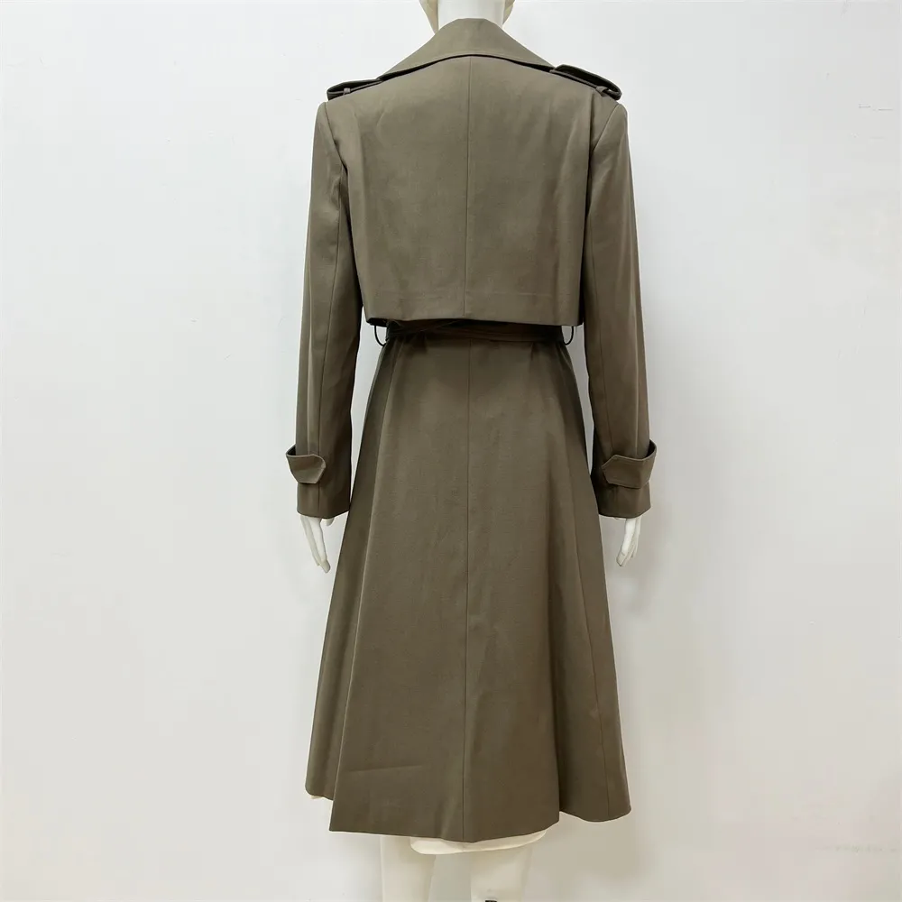 Women's Olive Green 2-Piece Set: Cropped Trench & Midi Dress