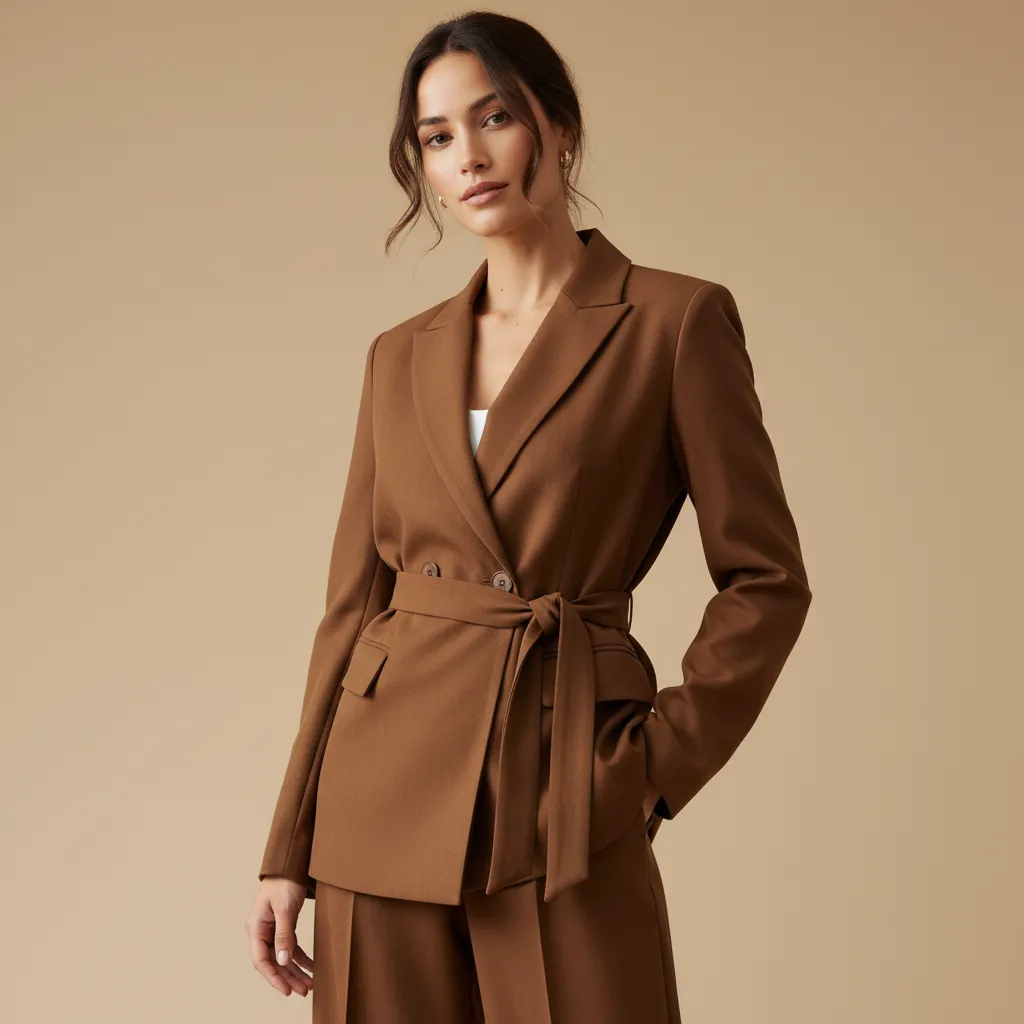 Women's Brown Double-Breasted Suit Set: Belted Blazer + Wide-Leg Pants