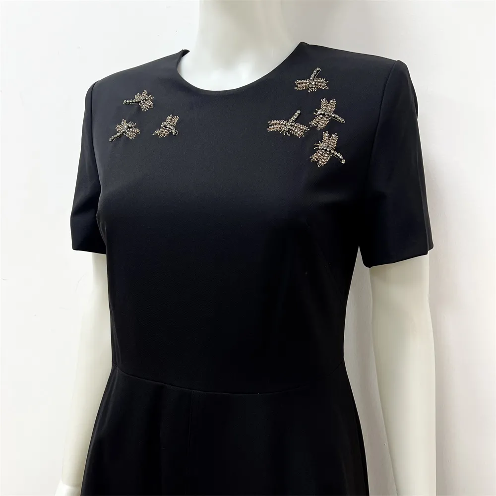 Women's Black Midi Dress: Dragonfly Embellishments, Flared Silhouette